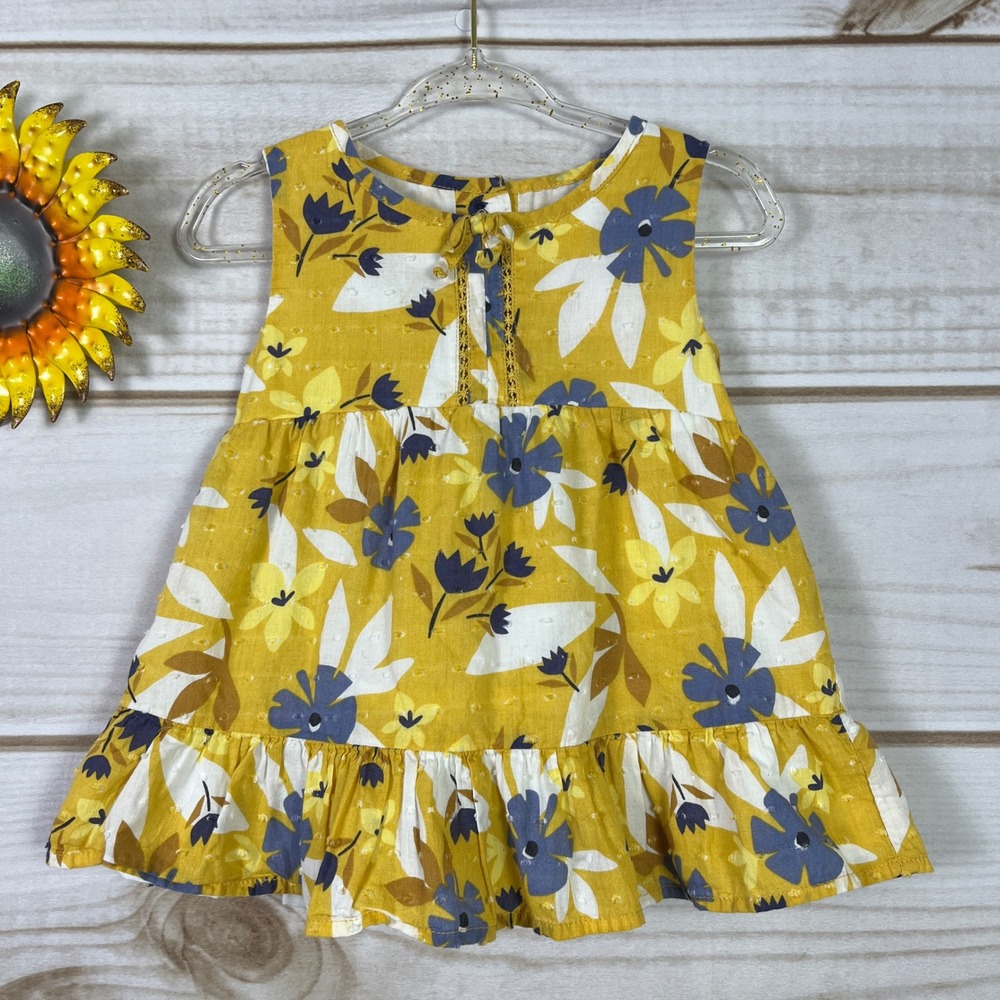 Tommy Bahama Baby Girls Mustard‎ Yellow Floral Swiss Dot Ruffle Dress 18M